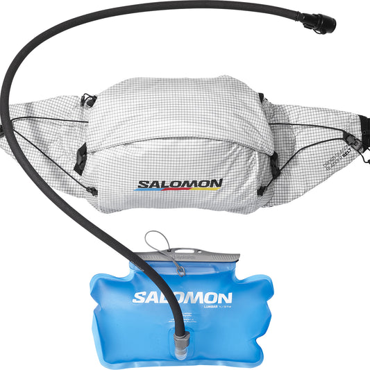 Ceinture de trail Salomon Cross Season Waist Race Flag blanche et noire, vue de dos