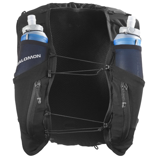 Gilet d’hydratation Salomon ADV Skin 12 pour femme noir, vue de face avec flasques souples en place