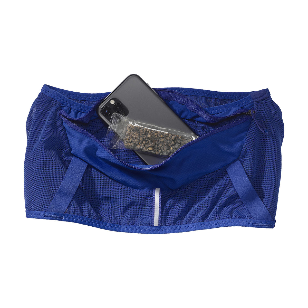 Ceinture de trail Salomon ADV Skin Belt bleu, détail du compartiment arrière