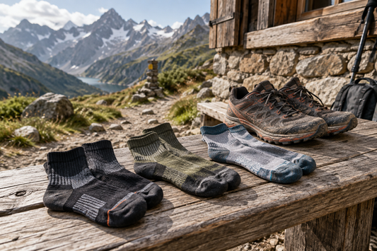 Technische trailsokken naast hardloopschoenen in een berghut