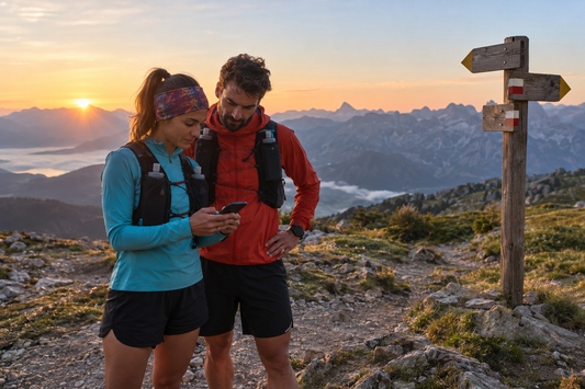 Twee trailrunners die hun route bespreken op een bergkruising