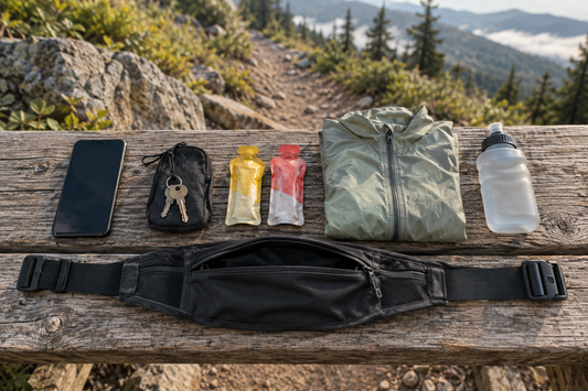 Laufgürtel mit Handy, Schlüsseln, Verpflegung, Windjacke und Soft Flask