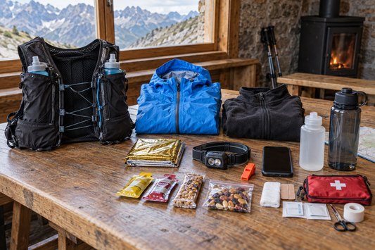 Pflichtausrüstung für einen Traillauf neben einer Weste
