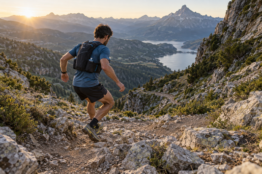 Trailrunner die gecontroleerd afdaalt over een technisch pad