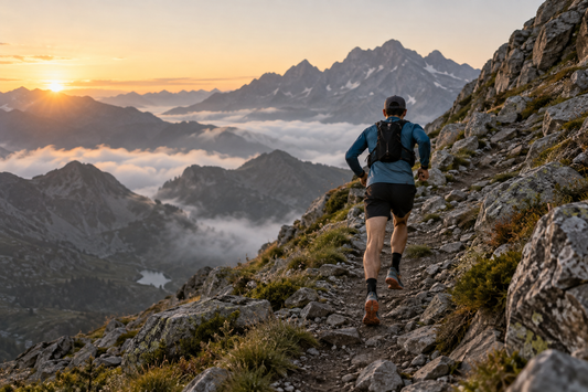 Trailrunner die bij zonsopgang een rotsachtig pad oprent